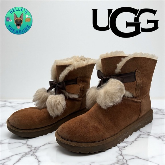 Ugg Gita Womens Snow Boot 9 Us Brown Suede Sheepskin Pom Poms Ankle 1018517 - Picture 1 of 11
